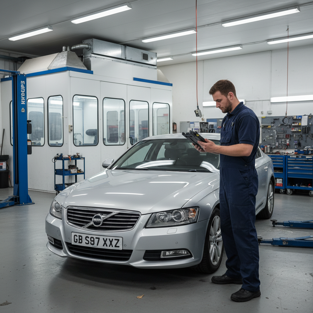 Bodyshop technician using tablet to document vehicle condition before repair in a UK workshop
