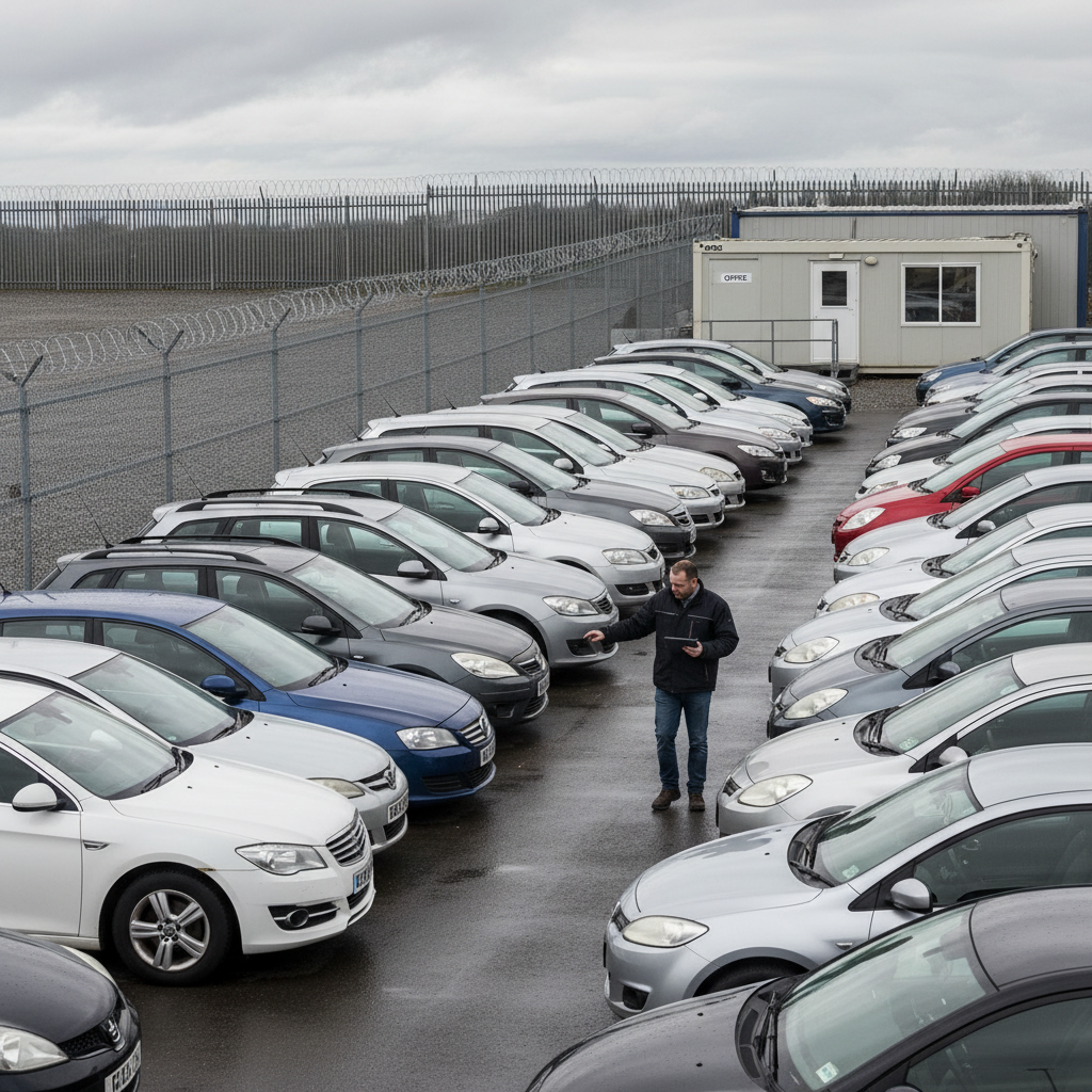 Car Buying Compound Inspection Inspector reviewing vehicles at car buying compound