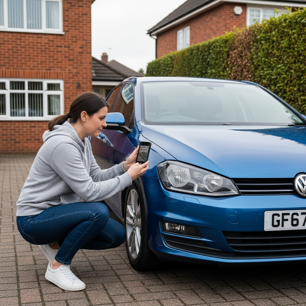 Customer Walk-Around Vehicle Inspection UK Woman photographing a scratch on her UK car during a guided self-appraisal walk-around at home