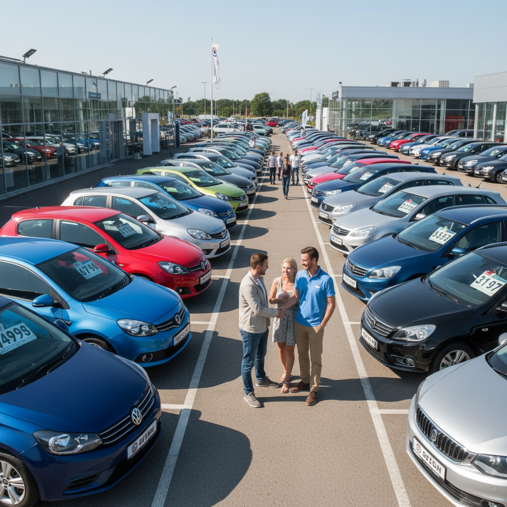 Used car dealership forecourt with vehicles and customers