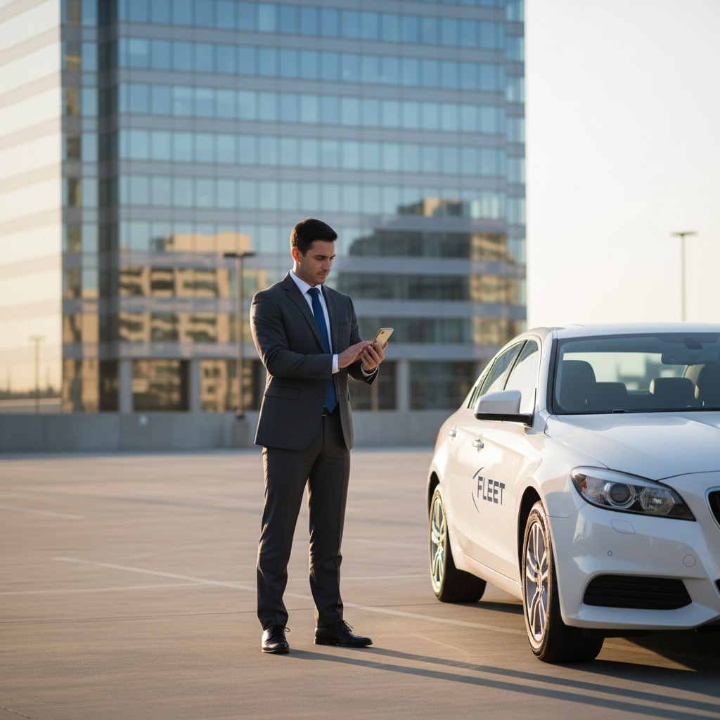 Driver Self-Inspection Fleet driver inspecting company vehicle with smartphone