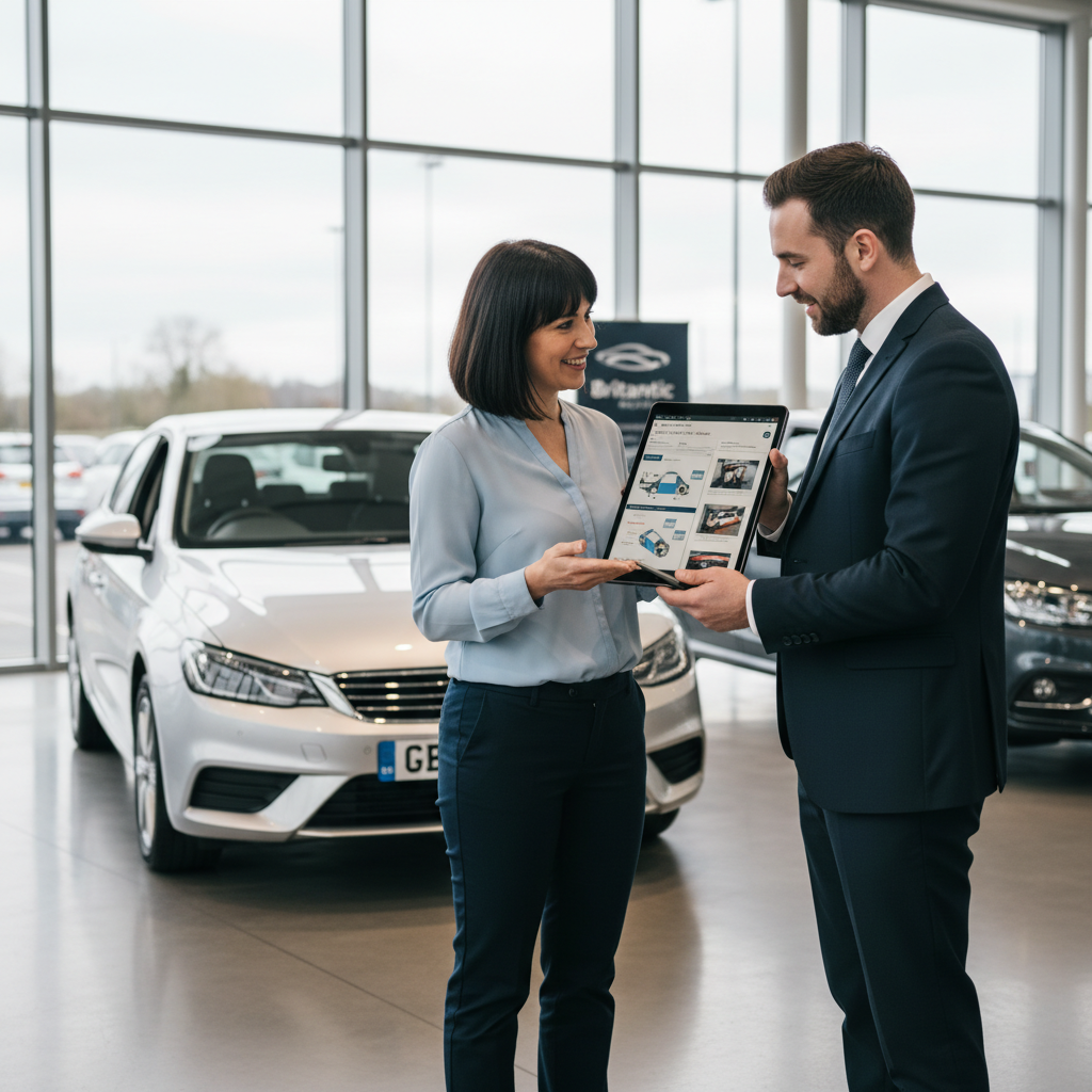 Customer and dealership advisor reviewing a digital vehicle condition report together on a tablet