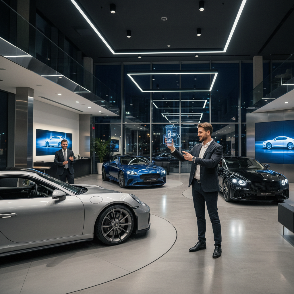 Luxury Showroom Appraisal Customer using smartphone to appraise vehicle in luxury showroom