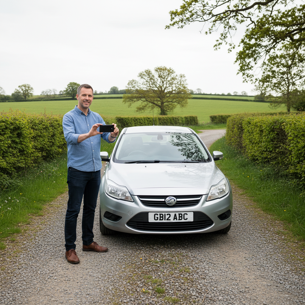 Man using smartphone to photograph a UK car in a rural driveway for a remote vehicle appraisal