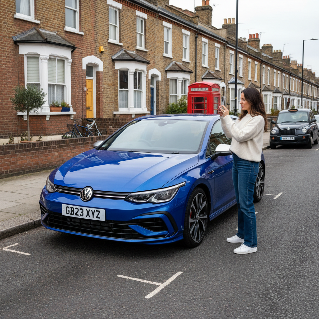 Woman using smartphone to photograph a UK car for a remote vehicle appraisal