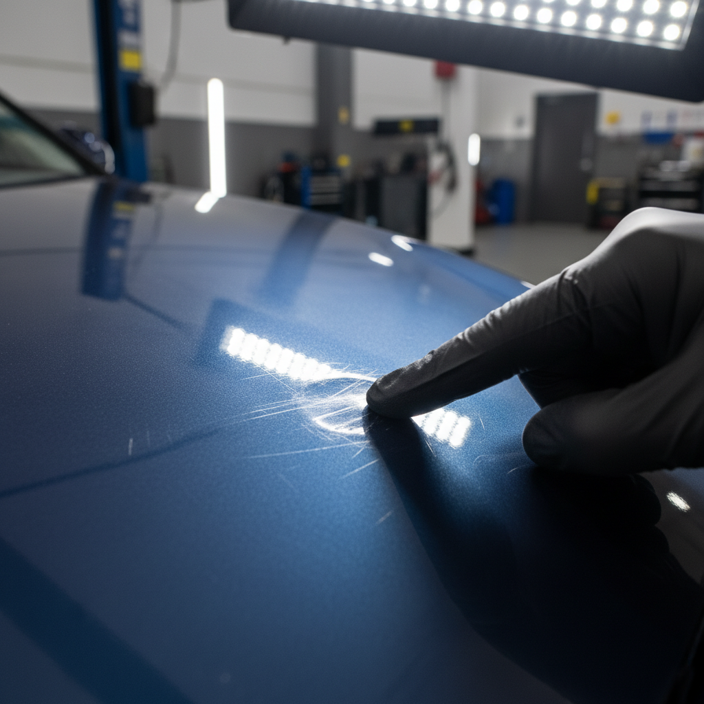 Vehicle Condition Grading Inspector identifying vehicle panel damage