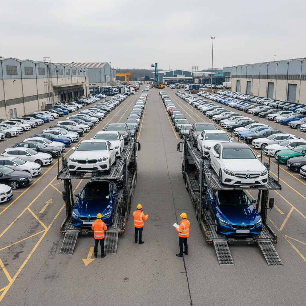 Car transporter being loaded at logistics yard